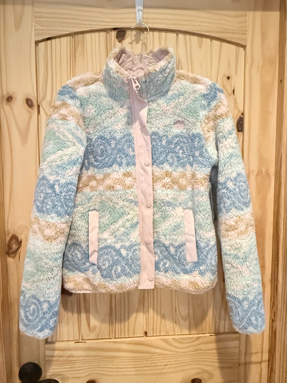 Billabong Sherpa Jacket in Light Blue, Cream, and Pale Pink